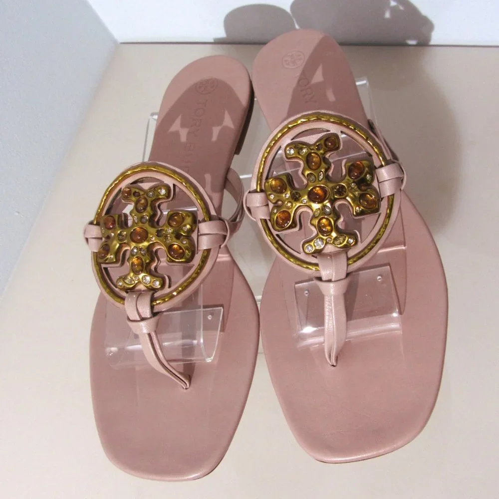 Tory Burch Miller Jeweled Leather Thong Sandals Meadowsweet Peachy Pink